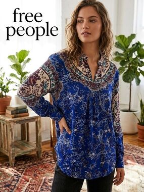 Free People Royal Blue Paisley Button-Down Blouse